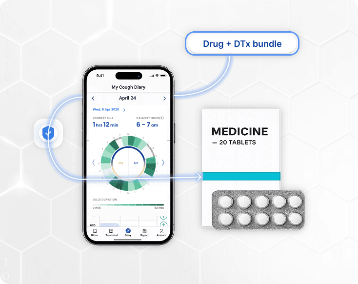 Smartphone displaying the cough diary interface paired with a medicine package, illustrating an integrated Drug + DTx treatment bundle.