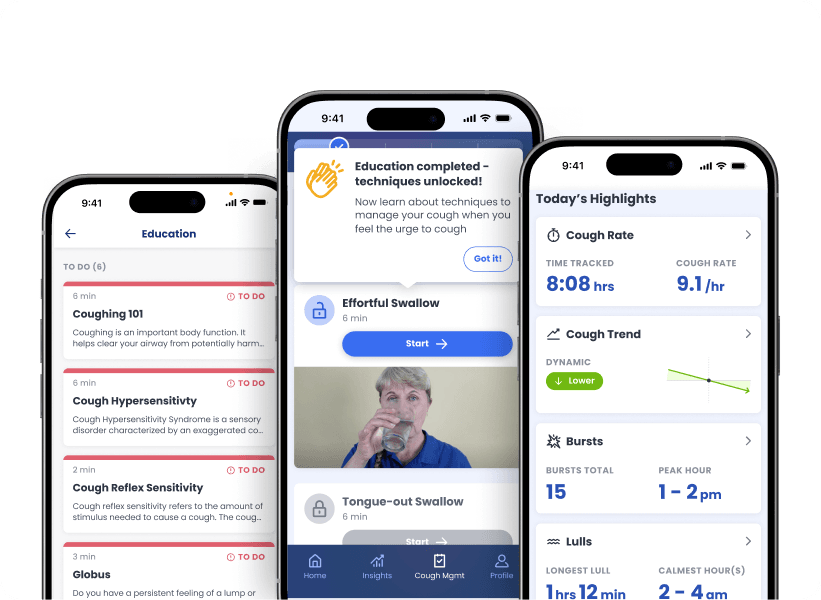 ResolveDTx mobile app screens demonstrating digital cough suppression therapy exercises and daily progress tracking