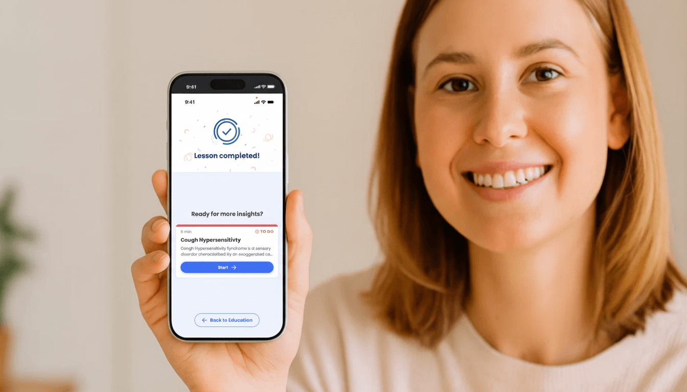 Person demonstrating Hyfe ResolveDTx digital therapeutic app for chronic cough treatment