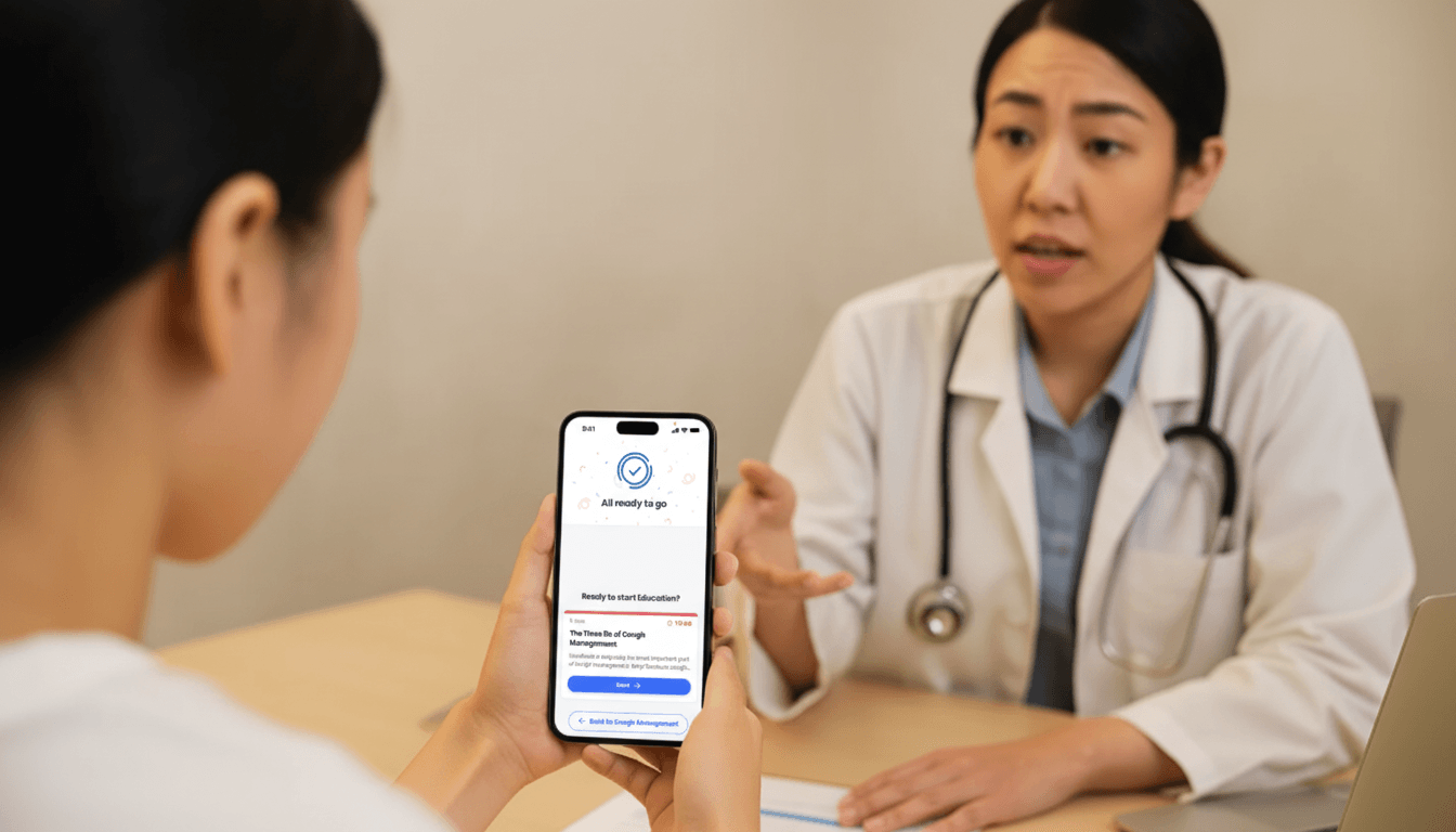 Doctor reviewing chronic cough data with a patient using Hyfe’s digital therapeutic app